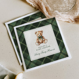 Vintage Green Tartan Teddy Bear Baby Shower Serviette
