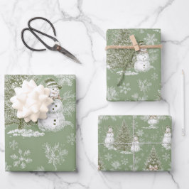 Vintage Green Toile Christmas Snowman And Trees Geschenkpapier Set
