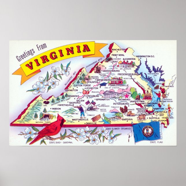 Vintage Greetings From Virginia Map Travel Poster (Vorne)