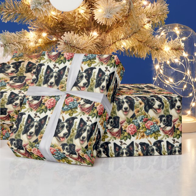 Vintage Grenz-Collie-Illustration Geschenkpapier (Feiertage)