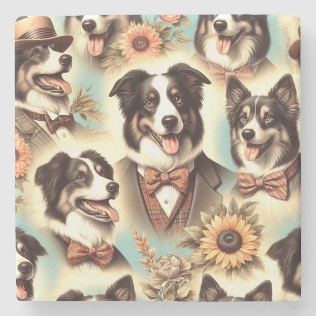 Vintage Grenz-Collie-Luustration Steinuntersetzer (Vorderseite)