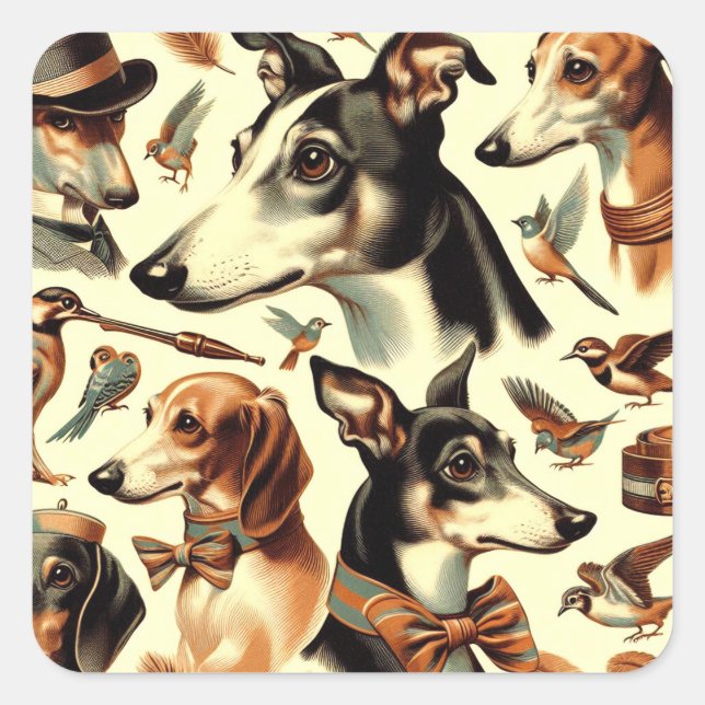 Vintage Greyhound Illustration Quadratischer Aufkleber (Vorderseite)