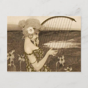 Vintage griechische Jungfrau mit Harfe Postkarte