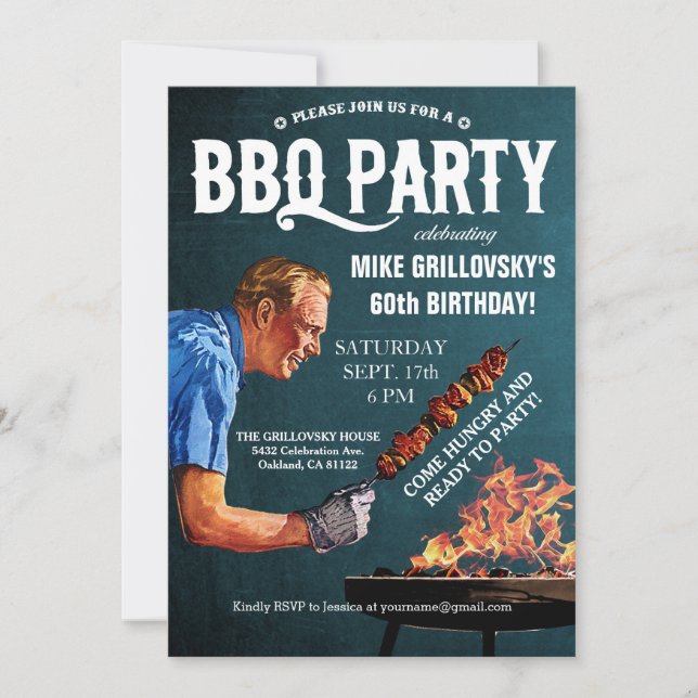 Vintage GRILLEN Geburtstagsparty Einladungen Chalk (Vorderseite)