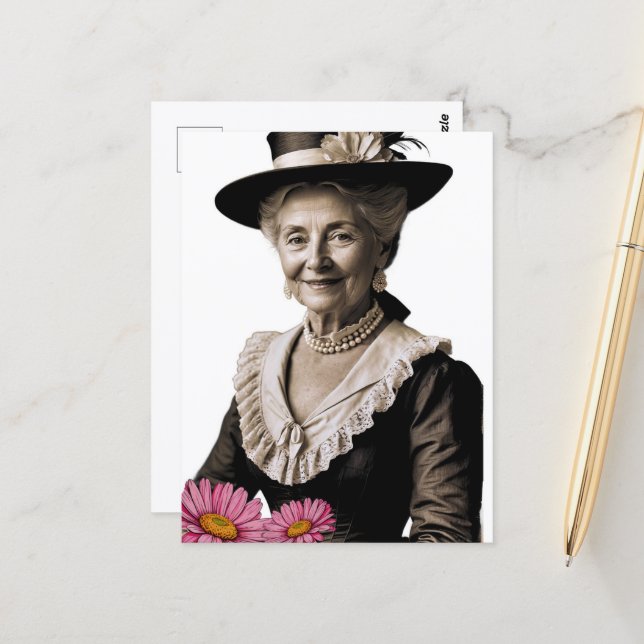 Vintage Großmutter mit rosa Blumen Postkarte (Vorderseite/Rückseite Beispiel)