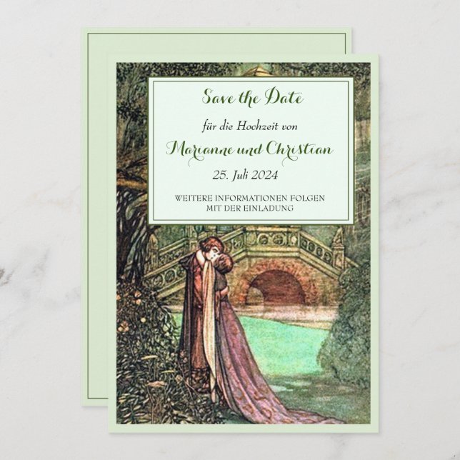 Vintage Gruen und Rosa Hochzeits Einladung (Vorne/Hinten)
