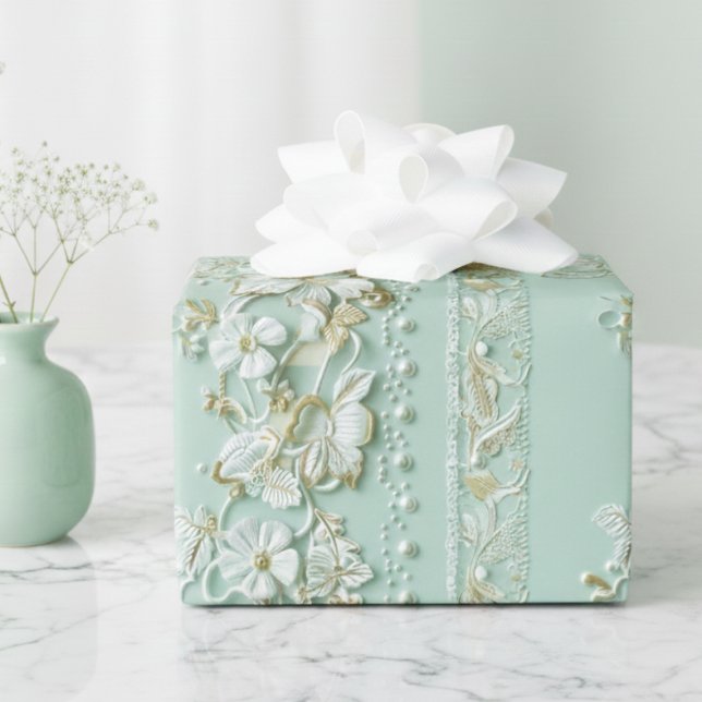 Vintage Grün Floral Geschenkpapier (elegant vintage pale mint green faux lace floral gift wrap wrapping paper)