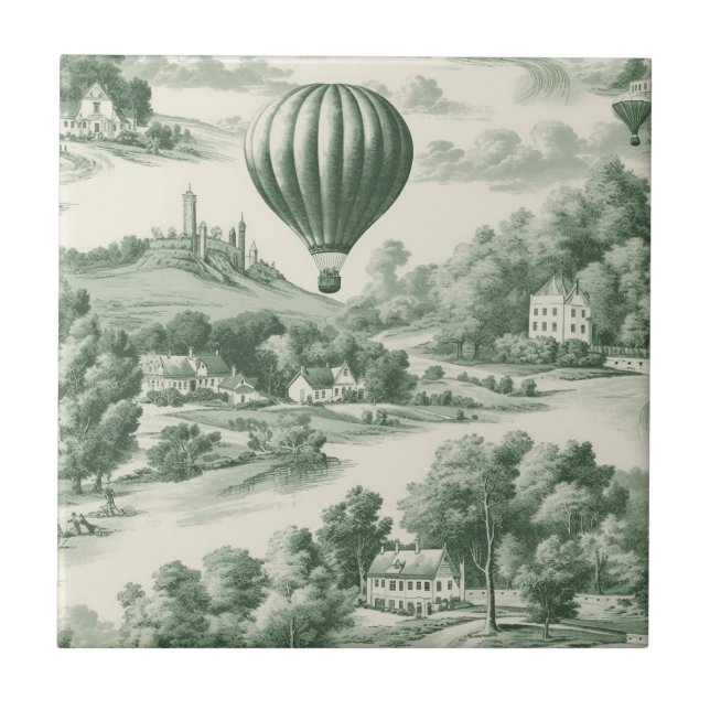 Vintage Grün Heißluftballon Toile-Muster Fliese (Vorderseite)