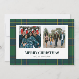 Vintage-grün kariert Weihnachtskarte mit zwei Foto Feiertagskarte