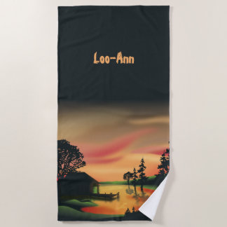 Vintage Grün Orange Rot Landschaft Sonnenuntergang Strandtuch