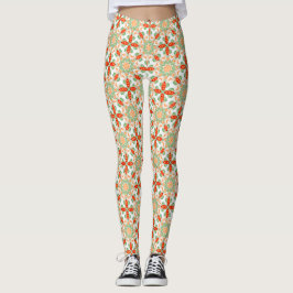 Vintage-Grün- und Terrakotta-Blumenblattmuster-Bei Leggings