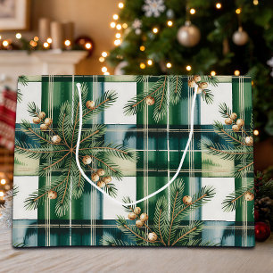 Vintage Grün-Weiß-Gingham-Muster Große Geschenktüte