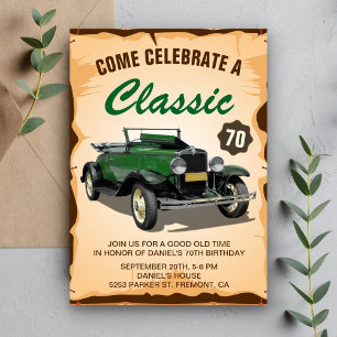 Vintage-grüne Auto-Klassiker-Geburtstagseinladung Einladung
