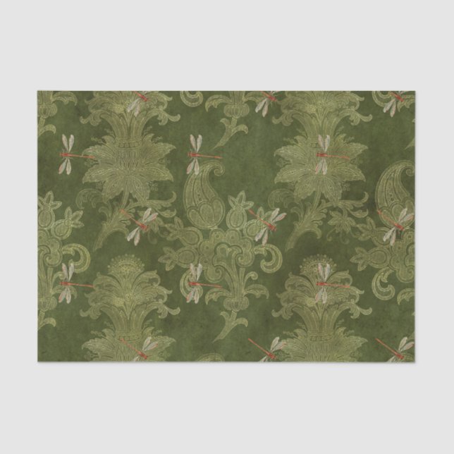 Vintage grüne Damaskus Flororange Dragonfis Seidenpapier (Vorderseite)