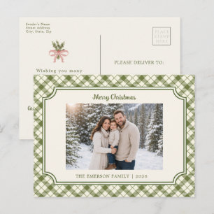Vintage grüne karierte Weihnachtspostkarte Feiertagspostkarte