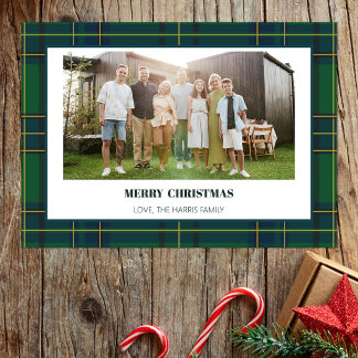 Vintage-grüne Karo-Familienfoto-Weihnachtskarte Feiertagskarte
