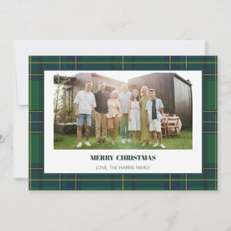 Vintage-grüne Karo-Familienfoto-Weihnachtskarte Feiertagskarte