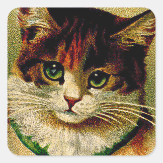Vintage grüne Mit Augen Katze mit Jingle Bells Quadratischer Aufkleber