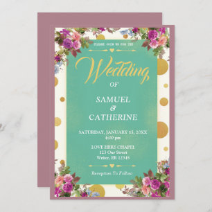 Vintage grüne Punkte Rosa Bläserblütenhochzeit Einladung