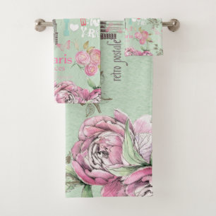 Vintage grüne rosa Blumencollagentypographie Badhandtuch Set