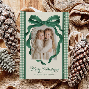 Vintage grüne Schleife Gingham Karo Weihnachtsfoto Feiertagskarte