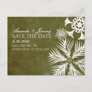 Vintage grüne Schneeflocken Save the Date Ankündigungspostkarte