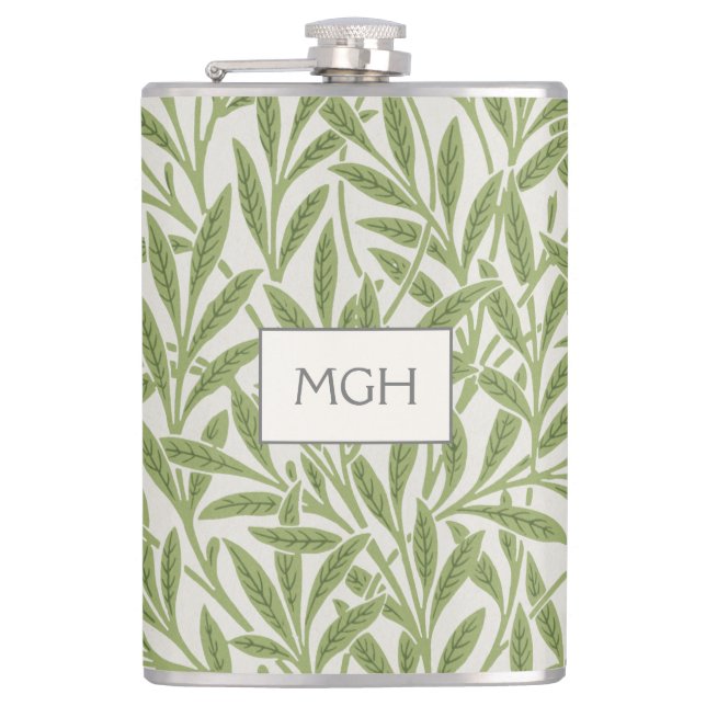 Vintage grüne Weidenblätter Monogramm Flachmann (Vorderseite)
