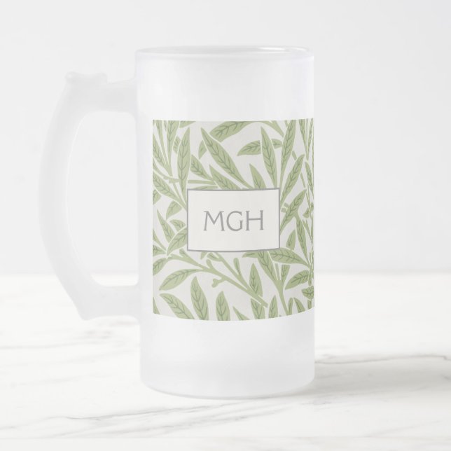 Vintage grüne Weidenblätter Monogramm Mattglas Bierglas (Links)