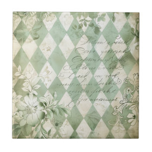 Vintage Grüner Harlekin-Blumen-Schriftzug Fliese