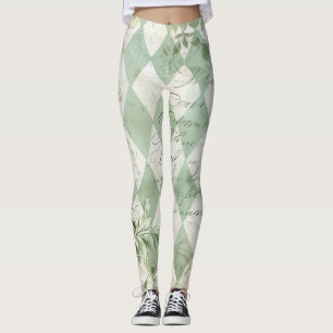 Vintage grüner Harlekin-Blumen-Script Leggings