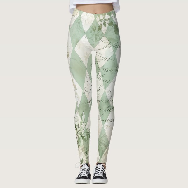 Vintage grüner Harlekin-Blumen-Script Leggings (Vorderseite)