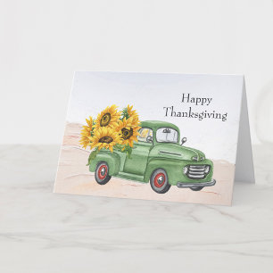 Vintage-grüner-LKW-Sonnenblumen-Thanksgiving Feiertagskarte