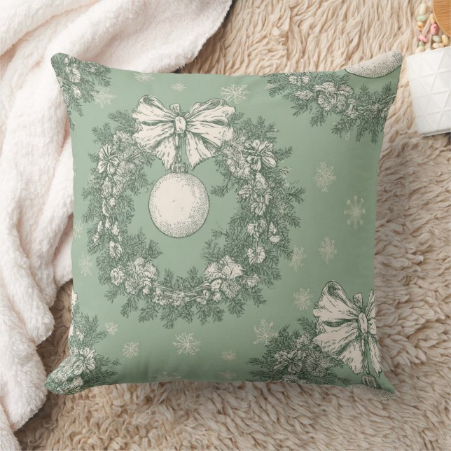 Vintage-grüner Toile-Weihnachtskranz (1) Kissen (Decke)