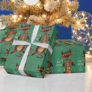 Vintage-grüner Weihnachtskatze in Lichtern Geschenkpapier