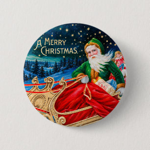 Vintage Grüner Weihnachtsmann-Schlitten Sternennac Button