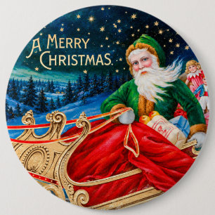 Vintage Grüner Weihnachtsmann-Schlitten Sternennac Button