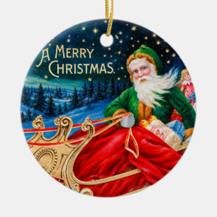 Vintage Grüner Weihnachtsmann-Schlitten Sternennac Keramik Ornament