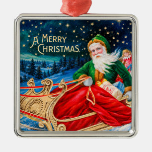 Vintage Grüner Weihnachtsmann-Schlitten Sternennac Ornament Aus Metall