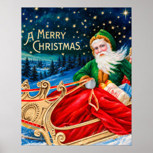 Vintage Grüner Weihnachtsmann-Schlitten Sternennac Poster