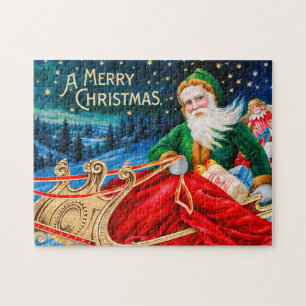 Vintage Grüner Weihnachtsmann-Schlitten Sternennac Puzzle