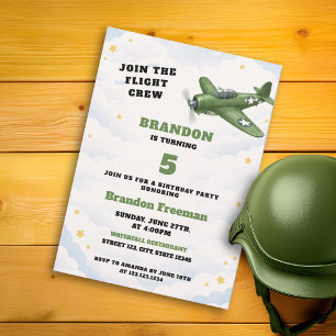 Vintage grünes Armeeflugzeug Militär 5. Geburtstag Einladung