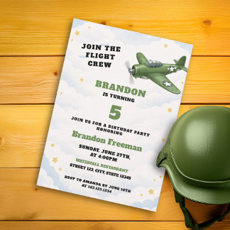 Vintage grünes Armeeflugzeug Militär 5. Geburtstag Einladung