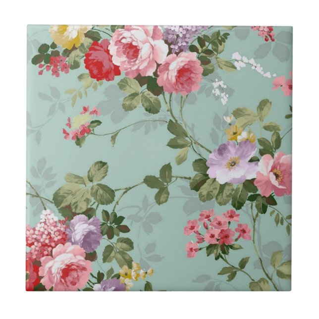 Vintage grünes Blumendesign  Fliese (Vorderseite)