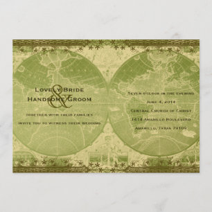 Vintage grünes Goldweltkarten-Hochzeits-Einladung Einladung