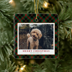 Vintage-Grünes-Tartan-Karo-Weihnachtsfoto Keramikornament