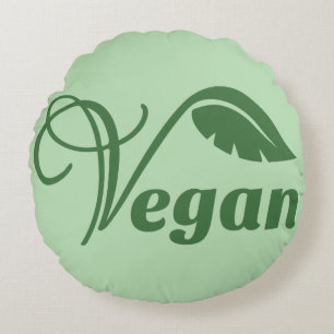 Vintage Grünes Vegan Logo Blatt Rundes Kissen
