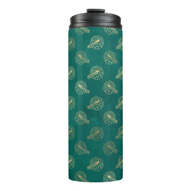 Vintage Grunge Aquamarin und Gold Pfau Thermosbecher (Vorderseite)