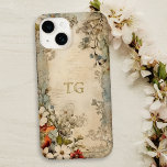 Vintage Grunge Artisan Botanische Monogramm Case-Mate iPhone 14 Hülle<br><div class="desc">Künstlerisches Vintages Scharlach,  weiße und staubige blaue Blumen mit Salbei und braunem Blattwerk auf gestresstem Kunsthandwerk mit optionalem Textfeld für Ihren Namen oder Monogramm.</div>