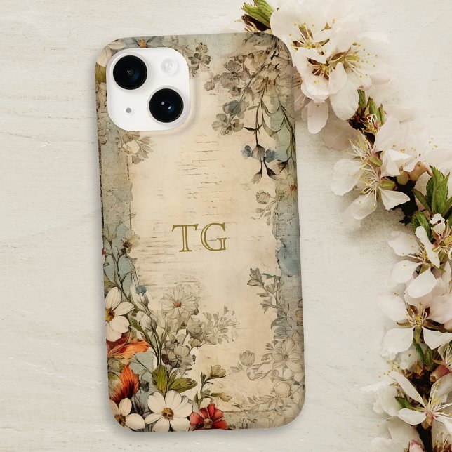 Vintage Grunge Artisan Botanische Monogramm Case-Mate iPhone Hülle (Von Creator hochgeladen)