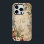 Vintage Grunge Artisan Botanische Monogramm iPhone 15 Pro Hülle<br><div class="desc">Künstlerisches Vintages Scharlach,  weiße und staubige blaue Blumen mit Salbei und braunem Blattwerk auf gestresstem Kunsthandwerk mit optionalem Textfeld für Ihren Namen oder Monogramm.</div>